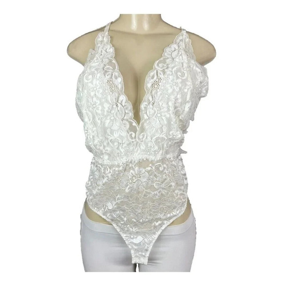 Wishlist L Eggshell Sheer Lace Mesh Plunge Neckline Adjustable Halter Bodysuit - Picture 2 of 5